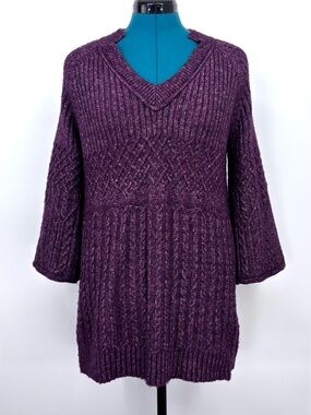 CAbi Chime Pullover # 4066, Mulberry Heather V-Neck Cable Knit Sweater, Medium